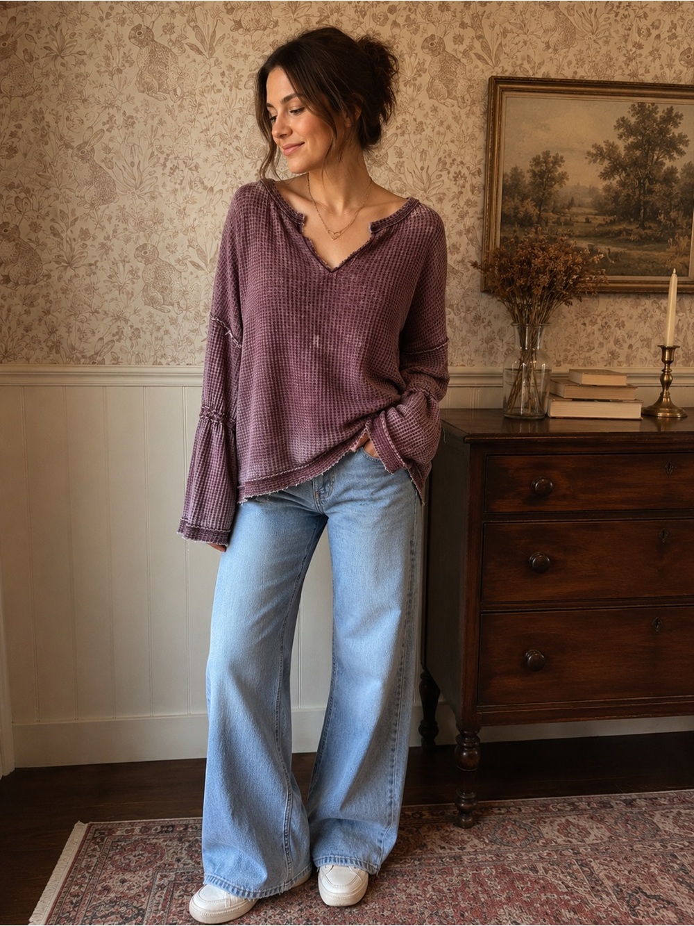 Free People We The Free Waffle Knit Bell Sleeve Top โ Size Small